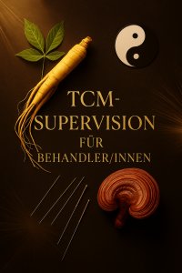 „TCM-Supervision für Behandlerinnen – Bild mit Ginsengwurzel, Reishi (Ganoderma), Yin-Yang-Symbol und Akupunkturnadeln auf dunklem, edlem Hintergrund – Visual für Supervisionskurs Juni 2025 mit Fokus auf Fallanalyse, Akupunktur und Vitalpilze“
