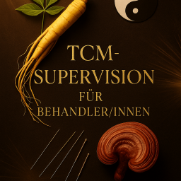„TCM-Supervision für Behandlerinnen – Bild mit Ginsengwurzel, Reishi (Ganoderma), Yin-Yang-Symbol und Akupunkturnadeln auf dunklem, edlem Hintergrund – Visual für Supervisionskurs Juni 2025 mit Fokus auf Fallanalyse, Akupunktur und Vitalpilze“