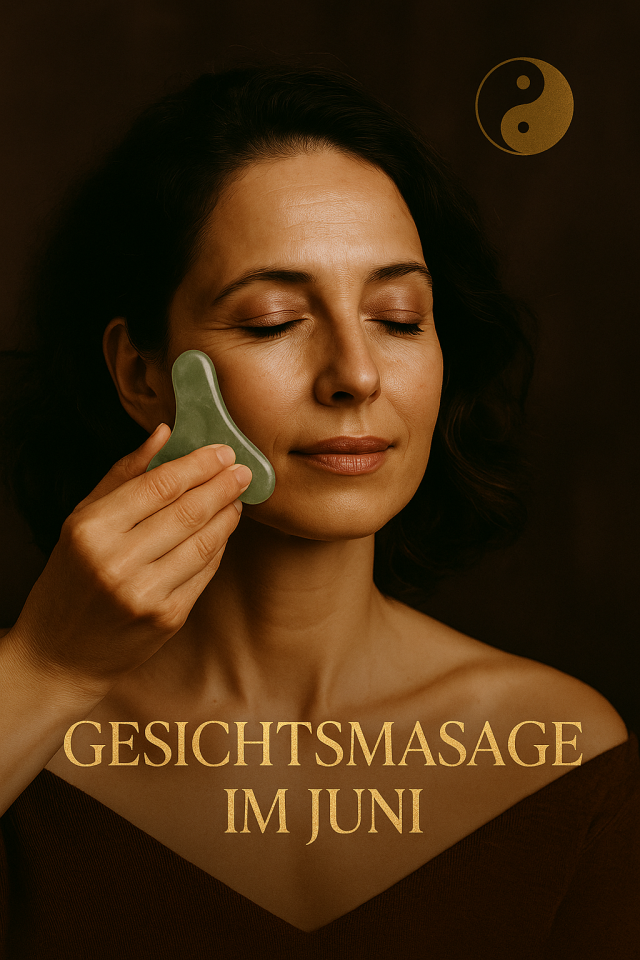 Frau bei Gua Sha Gesichtsmassage mit Jade-Schaber, entspannter Gesichtsausdruck, Yin-Yang-Symbol im Hintergrund – natürliche Faltenbehandlung mit TCM