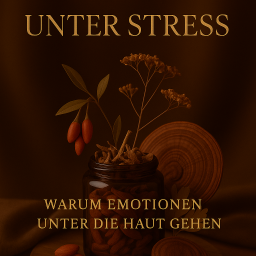„Stillleben mit TCM-Kräutern und Vitalpilzen – Glas mit Gojibeeren, getrockneten Kräutern und Reishi auf braun-goldenem Hintergrund als Symbol für Self-Care bei stressbedingten Hautproblemen.“