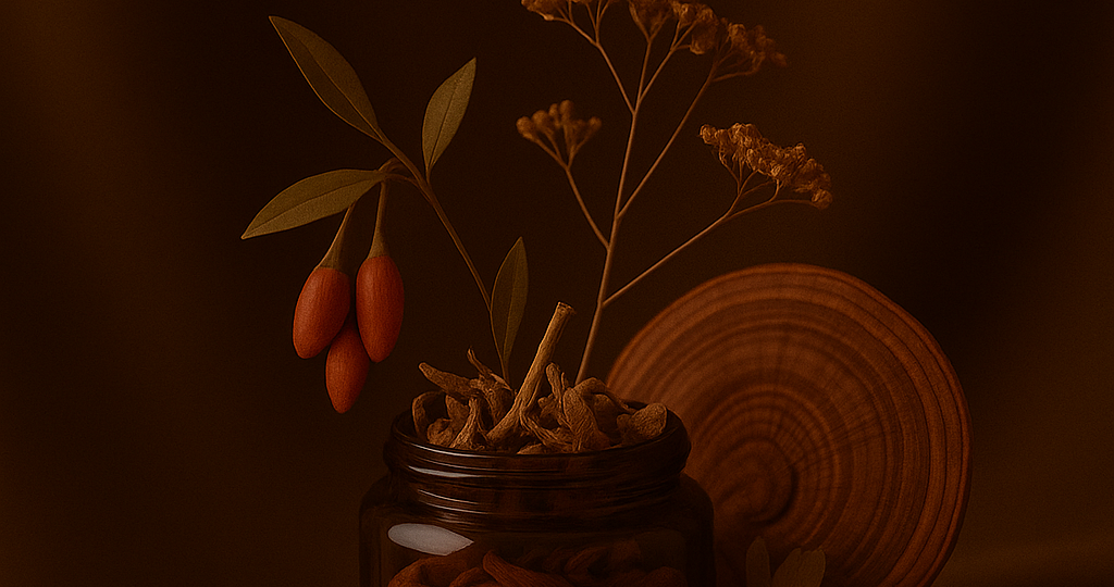 „Stillleben mit TCM-Kräutern und Vitalpilzen – Glas mit Gojibeeren, getrockneten Kräutern und Reishi auf braun-goldenem Hintergrund als Symbol für Self-Care bei stressbedingten Hautproblemen.“