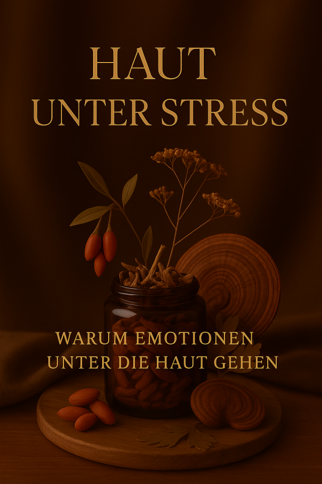 „Stillleben mit TCM-Kräutern und Vitalpilzen – Glas mit Gojibeeren, getrockneten Kräutern und Reishi auf braun-goldenem Hintergrund als Symbol für Self-Care bei stressbedingten Hautproblemen.“
